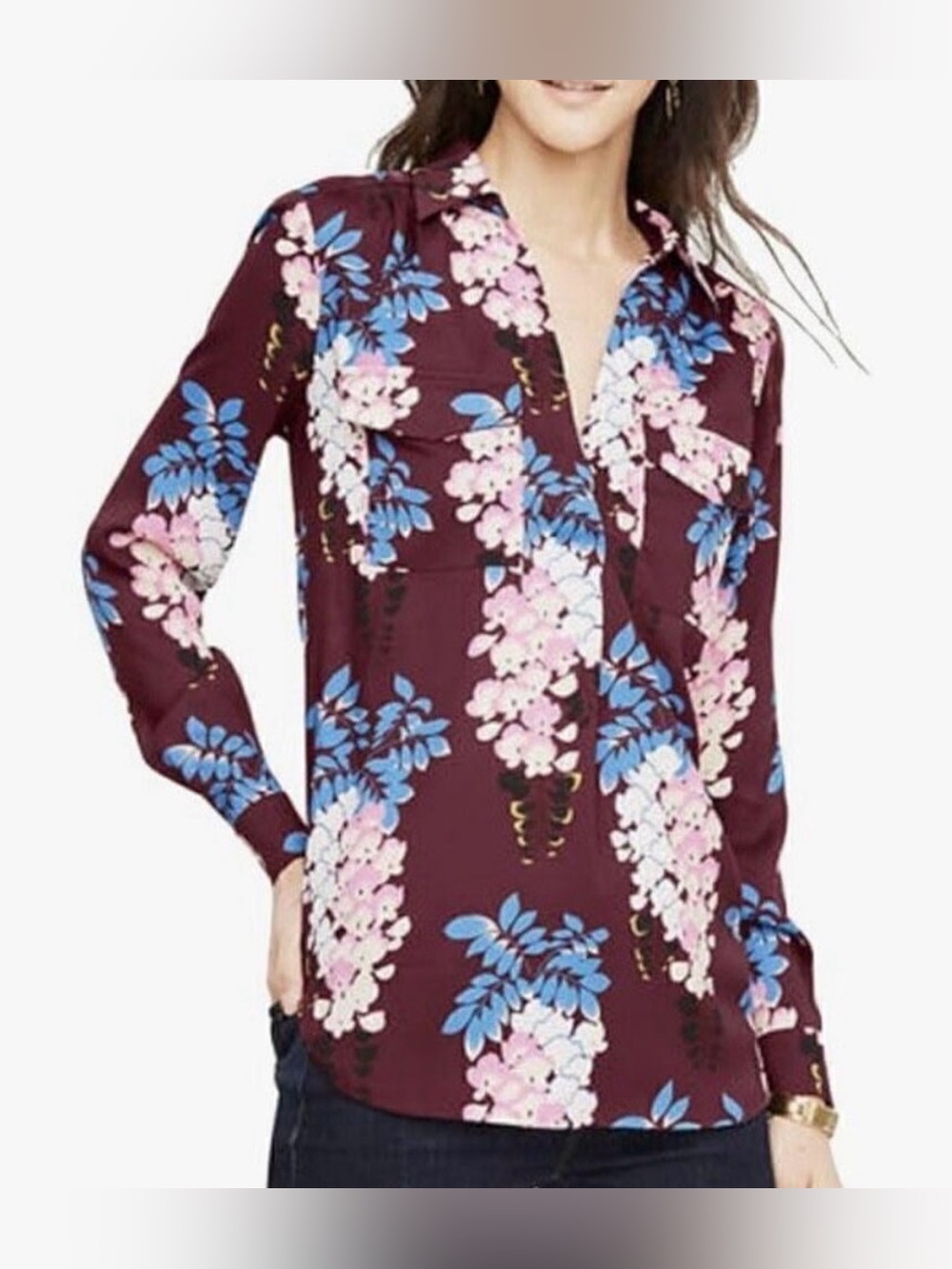Ann Taylor Floral Button-Down Blouse - Wine with Pink & Blue Floral